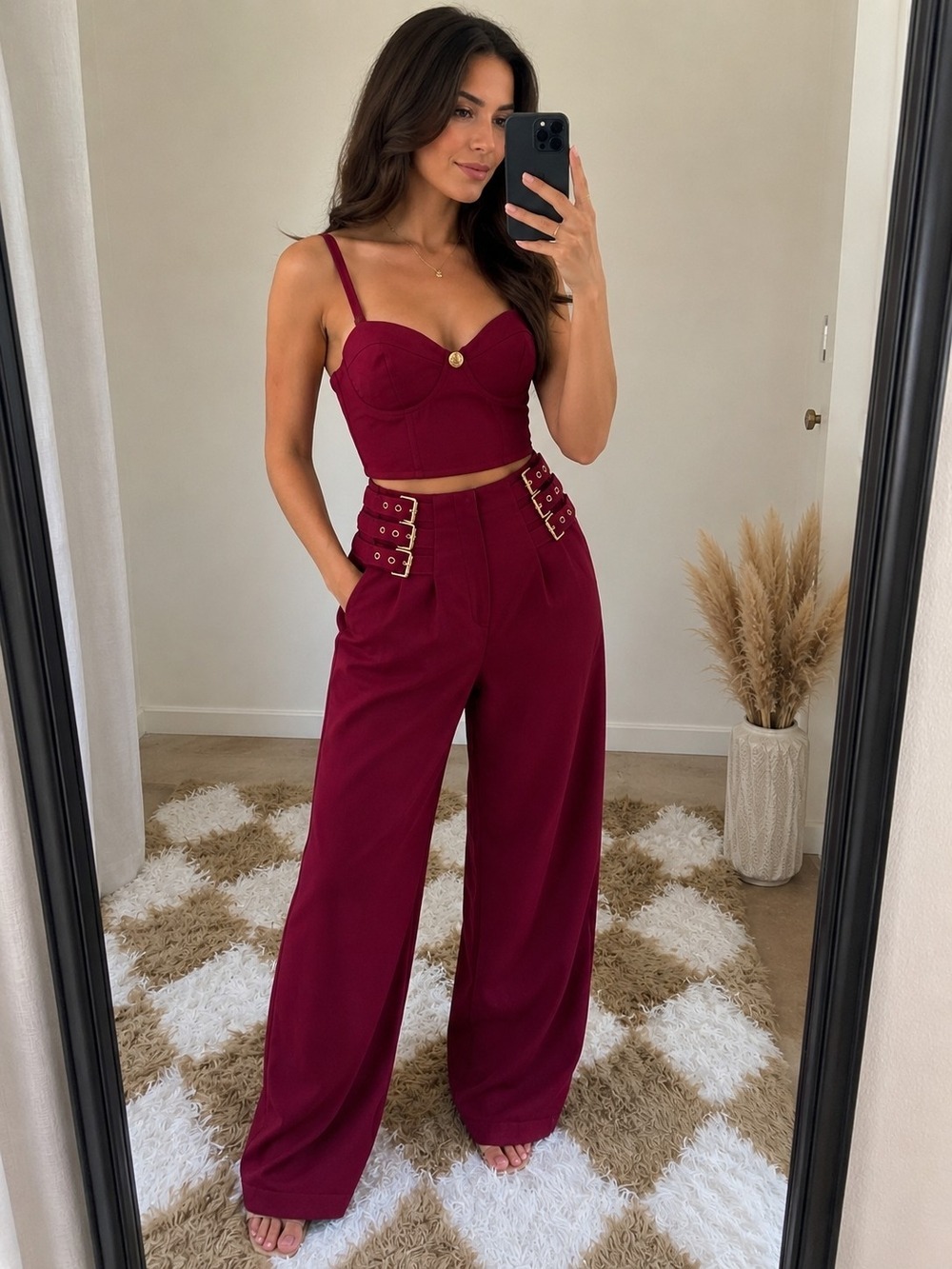 High-Waist Wine Wide-Leg Jumpsuit Set with Gold Accents